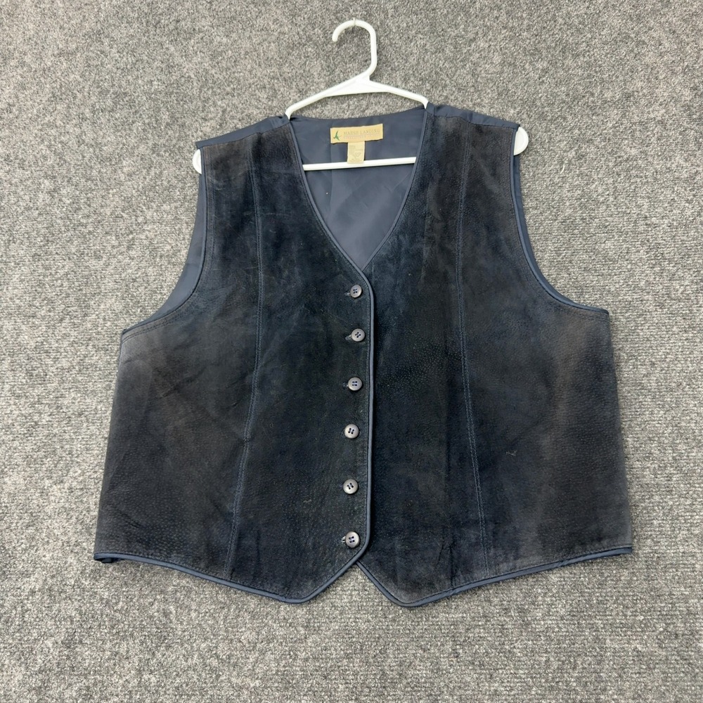 Vintage Marsh Landing Vest Womens L Navy Leather Suede Front Button Up Western